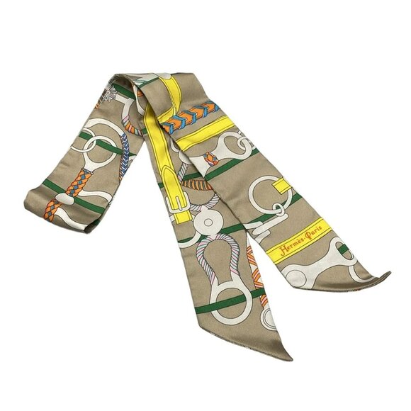 HERMES Twilly  Gray Beige Green Multi - Scarf 224-072225 - Picture 1 of 4